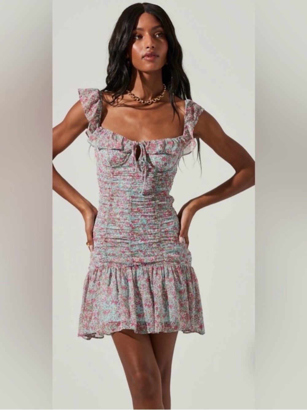 Astr Floral Ruched Midi Dress in Pink & Mint - Picture 3 of 10
